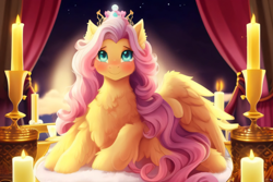 Size: 3072x2048 | Tagged: safe, derpibooru exclusive, imported from derpibooru, fluttershy, pegasus, pony, ai content, ai generated, blushing, crown, cute, female, generator:purplesmart.ai, generator:stable diffusion, indoors, jewelry, long hair, looking at you, princess, prompter:avalaz6214, regalia, shyabetes, smiling, solo, spread wings, wings