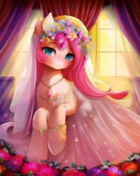 Size: 2048x2560 | Tagged: safe, derpibooru exclusive, imported from derpibooru, pony, ai content, ai generated, blushing, clothes, cute, dress, female, flower, flower in hair, generator:purplesmart.ai, generator:stable diffusion, indoors, looking at you, marriage, prompter:avalaz6214, smiling, solo, wedding, wedding dress