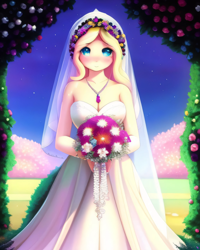 Size: 2048x2560 | Tagged: safe, derpibooru exclusive, imported from derpibooru, fluttershy, human, ai content, ai generated, beautiful, blushing, bouquet, bouquet of flowers, clothes, cute, dress, female, flower, flower in hair, garden, generator:purplesmart.ai, generator:stable diffusion, humanized, looking at you, marriage, prompter:avalaz6214, smiling, solo, stars, wedding, wedding dress, wedding veil