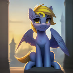 Size: 2560x2560 | Tagged: safe, imported from derpibooru, cloud kicker, pegasus, pony, ai content, ai generated, background pony, cute, female, generator:novelai, generator:stable diffusion, high res, looking at you, mare, outdoors, prompter:endless--, scenery, sitting, smiling, smiling at you, solo, spread wings, tail, wings