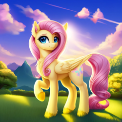 Size: 3072x3072 | Tagged: safe, derpibooru exclusive, imported from derpibooru, fluttershy, butterfly, pegasus, pony, ai content, ai generated, beautiful, blue eyes, blue sky, bush, chest fluff, cloud, colored eyebrows, colored hooves, complex background, cute, ear fluff, ears up, eyebrows, eyelashes, feather, feathered wings, female, folded wings, full body, generator:purplesmart.ai, generator:stable diffusion, grass, grass field, high res, hoof fluff, long mane, long tail, looking at you, loose hair, mare, mountain, mountain range, nature, outdoors, pink mane, pink tail, prompter:avalaz6214, raised hoof, shyabetes, sky, smiling, solo, standing, sunlight, sunrise, tail, tree, unshorn fetlocks, wall of tags, wings, yellow coat