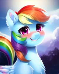 Size: 2048x2560 | Tagged: safe, derpibooru exclusive, imported from derpibooru, rainbow dash, pegasus, pony, ai content, ai generated, beautiful, blue coat, blue sky, blurry background, blushing, chest fluff, cloud, cute, dashabetes, ear fluff, ears up, eyelashes, eyes open, feather, feathered wings, female, forest, generator:purplesmart.ai, generator:stable diffusion, gritted teeth, half body, high res, looking at you, magenta eyes, mare, multicolored hair, multicolored mane, multicolored tail, nature, outdoors, prompter:avalaz6214, rainbow hair, rainbow tail, short mane, short tail, sky, smiling, solo, sun, sunlight, tail, teeth, wing fluff, wings