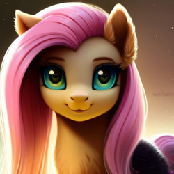 Size: 2048x2048 | Tagged: safe, derpibooru exclusive, imported from derpibooru, fluttershy, pegasus, pony, ai content, ai generated, beautiful, chest fluff, cute, dark coat, ear fluff, ears up, eyebrows, eyelashes, female, generator:purplesmart.ai, generator:stable diffusion, gradient background, green eyes, half body, high res, light, long mane, looking at you, loose hair, mare, nya, particles, pink mane, prompter:avalaz6214, shyabetes, smiling, solo, standing, two toned eyes, yellow coat