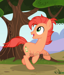 Size: 1280x1513 | Tagged: safe, artist:marrayala, imported from derpibooru, oc, oc only, oc:juicy apple-pear, earth pony, pony, base used, colt, foal, looking up, male, offspring, open mouth, open smile, parent:big macintosh, parent:fluttershy, parents:fluttermac, running, smiling, solo, turned head, watermark