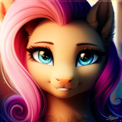 Size: 2048x2048 | Tagged: safe, derpibooru exclusive, imported from derpibooru, fluttershy, pegasus, pony, ai content, ai generated, beautiful, blue eyes, blurry background, bust, chest fluff, cute, ear fluff, ears up, eyebrows, eyelashes, female, front view, generator:purplesmart.ai, generator:stable diffusion, gritted teeth, high res, looking at you, loose hair, mare, particles, pink mane, portrait, prompter:avalaz6214, shyabetes, smiling, solo, sunlight, sunset, teeth, yellow coat