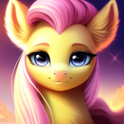 Size: 2048x2048 | Tagged: safe, derpibooru exclusive, imported from derpibooru, fluttershy, pegasus, pony, ai content, ai generated, beautiful, blue eyes, bust, chest fluff, cloud, cute, dusk, ear fluff, eyebrows, eyelashes, female, generator:purplesmart.ai, generator:stable diffusion, high res, long mane, looking at you, loose hair, mare, nya, pink mane, portrait, prompter:avalaz6214, shyabetes, smiling, solo, starry sky, stars, sunlight, yellow coat