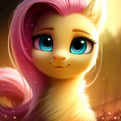 Size: 2048x2048 | Tagged: safe, derpibooru exclusive, imported from derpibooru, fluttershy, pegasus, pony, ai content, ai generated, blurry background, chest fluff, cute, ear fluff, ears up, eyebrows, eyelashes, female, front view, generator:purplesmart.ai, generator:stable diffusion, high res, long mane, looking at you, loose hair, mare, nya, particles, pink mane, prompter:avalaz6214, shyabetes, smiling, solo, sunlight, sunset