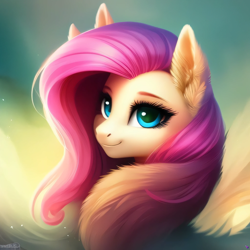 Size: 2048x2048 | Tagged: safe, derpibooru exclusive, imported from derpibooru, fluttershy, pegasus, pony, ai content, ai generated, beautiful, blue eyes, blurry background, bust, chest fluff, colored pupils, cute, ear fluff, ears up, eyebrows, eyelashes, female, generator:purplesmart.ai, generator:stable diffusion, high res, long mane, looking at you, loose hair, mare, pink mane, portrait, prompter:avalaz6214, shyabetes, smiling, solo, three quarter view