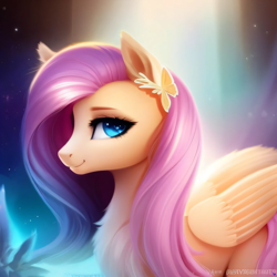 Size: 2048x2048 | Tagged: safe, derpibooru exclusive, imported from derpibooru, fluttershy, butterfly, pegasus, pony, accessory, ai content, ai generated, beautiful, blue eyes, blue light, blurry background, chest fluff, colored pupils, cute, ear fluff, eyebrows, eyelashes, feather, feathered wings, female, folded wings, generator:purplesmart.ai, generator:stable diffusion, hairpin, half body, high res, long mane, looking at you, looking back, loose hair, mare, particles, pink mane, prompter:avalaz6214, shyabetes, side view, smiling, solo, standing, sunlight, wings, yellow coat