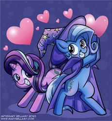 Size: 800x864 | Tagged: safe, artist:marybellamy, imported from derpibooru, starlight glimmer, trixie, pony, unicorn, duo, g4, heart, lightly watermarked, magic, purple background, shipping, simple background, watermark, zorilita