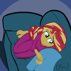 Size: 800x800 | Tagged: safe, artist:calmbreezes, imported from derpibooru, sunset shimmer, oc, oc:anon, human, equestria girls, clothes, couch, feet, female, hug, offscreen character, pajamas, pov