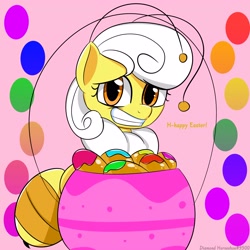 Size: 3000x3000 | Tagged: safe, artist:bestponies, imported from derpibooru, oc, oc only, oc:buzzing pollen, bee, bee pony, insect, monster pony, original species, pony, easter, egg, embarrassed, female, holiday, looking at you, mare, sheepish, smiling, solo