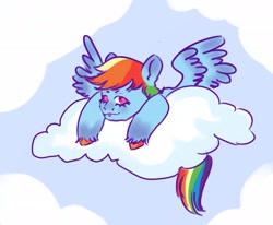 Size: 2048x1685 | Tagged: safe, artist:sleepybooo, imported from derpibooru, rainbow dash, pegasus, pony, cloud, female, on a cloud, solo, tongue out, unshorn fetlocks