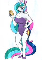 Size: 2448x3500 | Tagged: safe, artist:killerteddybear94, imported from derpibooru, princess celestia, alicorn, anthro, adorasexy, beautisexy, big breasts, breasts, bunny suit, bunnylestia, busty princess celestia, cleavage, clothes, cute, easter, easter egg, hand on hip, high heels, holiday, looking at you, praise the sun, sexy, shoes, simple background, solo, white background, wide hips