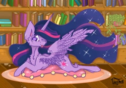 Size: 2048x1443 | Tagged: safe, artist:clarsithell, imported from derpibooru, twilight sparkle, alicorn, pony, :p, book, bookshelf, cheek fluff, chest fluff, female, lying down, prone, solo, tongue out, twilight sparkle (alicorn)