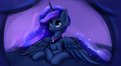 Size: 3648x1992 | Tagged: safe, artist:aquamuro, imported from derpibooru, princess luna, alicorn, pony, bed, chest fluff, cute, ear fluff, ethereal mane, female, fluffy, high res, horn, lidded eyes, lunabetes, lying down, mare, on bed, prone, signature, simple background, smiling, solo, spread wings, wings