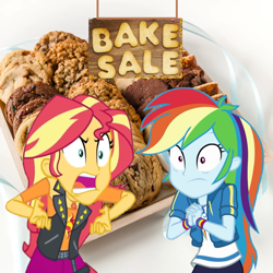 Size: 1370x1370 | Tagged: safe, artist:ewie2002, imported from derpibooru, rainbow dash, sunset shimmer, human, equestria girls, cookie, duo, female, food, photo, wat