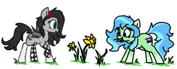 Size: 1024x400 | Tagged: safe, artist:firecracker, imported from derpibooru, tealove, oc, oc only, oc:boggy, bat pony, earth pony, pony, bat pony oc, clothes, female, flower, flower in hair, mare, simple background, socks, white background