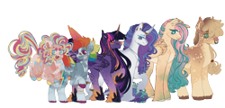 Size: 2092x1000 | Tagged: safe, artist:kazmuun, imported from derpibooru, applejack, fluttershy, pinkie pie, rainbow dash, rarity, twilight sparkle, alicorn, pony, alternate design, mane six, nose piercing, nose ring, piercing, quadrupedal, simple background, transparent background, twilight sparkle (alicorn), twitterina design, ugly