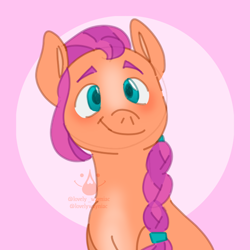 Size: 1000x1000 | Tagged: safe, artist:lovelywaynaic, imported from derpibooru, sunny starscout, earth pony, pony, braid, braided ponytail, bust, cute, female, g5, happy, ponytail, smiling, sunnybetes