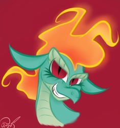 Size: 858x913 | Tagged: safe, artist:toxiccoswynaut, imported from derpibooru, dragon, hybrid, longma, them's fightin' herds, bust, community related, female, grin, looking at you, mane of fire, red background, signature, simple background, smiling, smirk, solo, tianhuo (tfh)