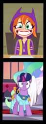 Size: 495x1313 | Tagged: safe, artist:carlosuriel13, imported from derpibooru, princess celestia, twilight sparkle, alicorn, human, pony, make new friends but keep discord, barbara gordon, clothes, dc comics, dc superhero girls, dress, g4, gala dress, stressed, twilight sparkle (alicorn)