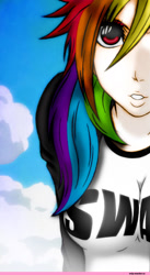 Size: 665x1216 | Tagged: safe, artist:names76, imported from twibooru, rainbow dash, human, banned from derpibooru, clothes, humanized, image, needs more jpeg, shirt, swag, t-shirt