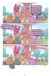 Size: 1250x1873 | Tagged: safe, artist:sugarlesspaints, imported from derpibooru, cheerilee, pipsqueak, anthro, comic:earning your stripes, z-book universe, comic, dialogue, exclamation point, speech bubble, treehouse, wide eyes