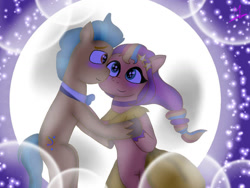 Size: 1032x774 | Tagged: safe, artist:anezka, imported from derpibooru, hitch trailblazer, sunny starscout, earth pony, pony, blushing, dancing, duo, duo male and female, female, g5, male, moon, multicolored hair, rainbow hair