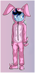 Size: 654x1363 | Tagged: safe, artist:nehmkey, edit, imported from twibooru, oc, oc only, oc:snuggle sparkle pony, anthro, pegasus, plantigrade anthro, animal costume, bowtie, bunny costume, bunny slippers, clothes, costume, image, kigurumi, leotard, male, png, shoes, slippers, solo