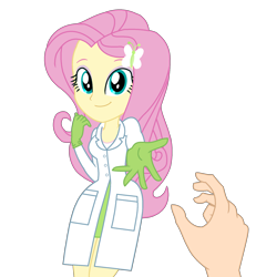 Size: 1784x1930 | Tagged: safe, imported from twibooru, part of a set, fluttershy, equestria girls, base used, clothes, fluttershy (eg), fluttershy (eqg), gloves, image, lab coat, medical gloves, offering hand, png, rubber gloves, scientist