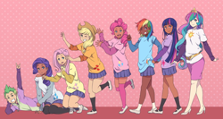 Size: 1224x653 | Tagged: safe, artist:littlartsy, edit, imported from derpibooru, applejack, fluttershy, pinkie pie, princess celestia, rainbow dash, rarity, spike, twilight sparkle, human, clothes, dark skin, devil horn (gesture), fist pump, grin, humanized, light skin, looking at you, lying down, mane seven, mane six, miniskirt, moderate dark skin, one eye closed, open mouth, pale skin, skirt, smiling, socks, thigh highs, thigh socks, waving, wink, winking at you