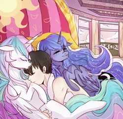 Size: 1024x986 | Tagged: safe, artist:diana white, imported from derpibooru, princess celestia, princess luna, alicorn, human, pony, cuddling, eyes closed, human on pony snuggling, sleeping, snuggling, trio