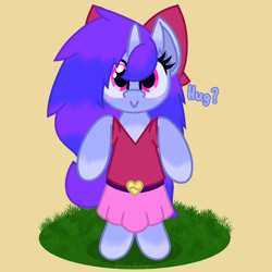 Size: 5000x5000 | Tagged: safe, artist:silvaqular, imported from derpibooru, oc, oc only, oc:qular, pony, belt, belt buckle, bipedal, blurple, bow, chest fluff, clothes, cuddly, fluffy, gradient hooves, gradient mane, hug, offering, shirt, skirt, smiling, solo