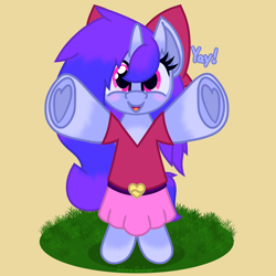 Size: 5000x5000 | Tagged: safe, artist:silvaqular, imported from derpibooru, oc, oc only, oc:qular, pony, belt, belt buckle, bipedal, blurple, bow, chest fluff, clothes, cuddly, fluffy, gradient hooves, gradient mane, hug, offering, shirt, skirt, smiling, solo