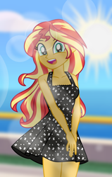 Size: 4944x7776 | Tagged: safe, artist:emeraldblast63, artist:riouku, imported from derpibooru, sunset shimmer, human, equestria girls, bare shoulders, clothes, dress, female, happy, lens flare, open mouth, open smile, sleeveless, smiling, solo, sun