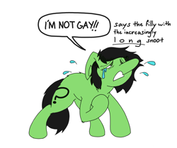 Size: 3508x2929 | Tagged: safe, artist:ponny, imported from derpibooru, oc, oc only, oc:filly anon, earth pony, pony, crying, female, filly, long nose, not gay, simple background, solo, speech bubble, text, white background