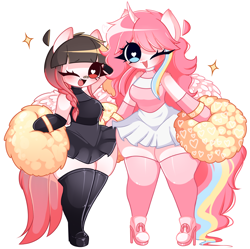 Size: 4038x4016 | Tagged: safe, artist:arwencuack, imported from derpibooru, oc, oc only, oc:arwencuack, oc:nekonin, alicorn, anthro, pegasus, :3, advertisement, arm hooves, cheerleader, commission, commission info, cute, duo, female, heart, heart eyes, high heels, male, open mouth, pom pom, shoes, shy, simple background, smiling, thicc thighs, thighs, thunder thighs, white background, wide hips, wingding eyes