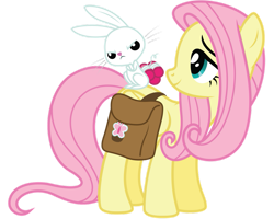 Size: 999x800 | Tagged: safe, artist:midnight--blitz, imported from derpibooru, angel bunny, fluttershy, pegasus, pony, rabbit, angel bunny is not amused, animal, bag, cute, duo, female, hair curlers, male, mare, misleading thumbnail, not tnt, saddle bag, shyabetes, simple background, smiling, transparent background, unamused, vector