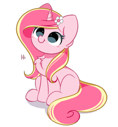 Size: 3122x3364 | Tagged: safe, artist:kittyrosie, imported from derpibooru, oc, oc only, oc:rosa flame, pony, unicorn, blushing, chest fluff, cute, female, flower, flower in hair, hi, horn, kittyrosie is trying to murder us, ocbetes, simple background, sitting, smiling, solo, transparent background, unicorn oc