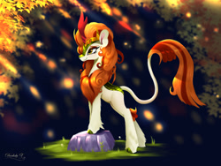 Size: 1800x1350 | Tagged: safe, artist:darksly, imported from derpibooru, autumn blaze, kirin, female, leader, leaves, mare, rock, solo, tall