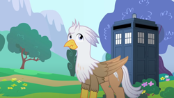 Size: 1280x720 | Tagged: safe, artist:mlp-silver-quill, imported from derpibooru, oc, oc:silver quill, hippogriff, after the fact, after the fact:it ain't easy being breezies, doctor who, scrunchy face, solo, tardis, tree