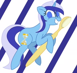 Size: 2048x1940 | Tagged: safe, artist:defg7373, imported from derpibooru, minuette, pony, unicorn, grin, no pupils, smiling, solo, striped background, toothbrush