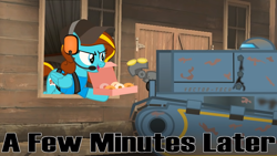 Size: 1280x720 | Tagged: safe, artist:drwolf001, imported from derpibooru, oc, oc:ilovekimpossiblealot, pegasus, pony, coaltown, donut, double rainbow (tf2 analysis), food, mann vs machine, tank (vehicle), team fortress 2, text, tf2 analysis anarchy, time skip, vector tech