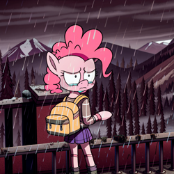 Size: 1632x1632 | Tagged: safe, imported from derpibooru, pinkie pie, semi-anthro, ai assisted, ai content, backpack, bracelet, clothes, crying, detailed background, jewelry, outdoors, prompter:saphkey, rain, sad, skirt, solo, sweater