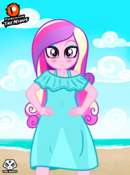 Size: 1280x1734 | Tagged: safe, artist:theminus, imported from derpibooru, princess cadance, human, equestria girls, beach, blushing, clothes, dean cadance, dress, female, solo, younger