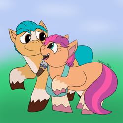 Size: 1080x1080 | Tagged: safe, artist:artyanimated, imported from derpibooru, hitch trailblazer, sunny starscout, earth pony, pony, 2021, duo, duo male and female, female, g5, male, mare, old art, shipping, stallion, straight, sunnyhitch