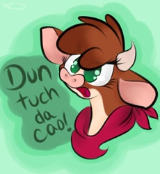 Size: 900x977 | Tagged: safe, artist:toxiccoswynaut, imported from derpibooru, cow, them's fightin' herds, angry, arizona (tfh), arizonadorable, bait, community related, cute, eye clipping through hair, female, funetik aksent, green background, intentional spelling error, madorable, neckerchief, no pupils, open mouth, simple background, solo, talking to viewer, text, touch the cow