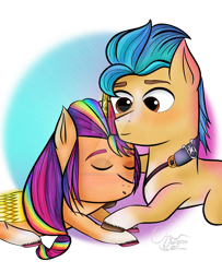Size: 1280x1578 | Tagged: safe, artist:cathescarlett, imported from derpibooru, hitch trailblazer, sunny starscout, alicorn, earth pony, pony, deviantart watermark, duo, duo male and female, female, g5, male, mane stripe sunny, mare, multicolored hair, obtrusive watermark, race swap, rainbow hair, sheriff's badge, shipping, simple background, sleeping, small legs, stallion, straight, sunnycorn, sunnyhitch, transparent background, watermark