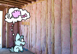 Size: 467x329 | Tagged: safe, imported from derpibooru, fluffy pony, candy, cotton candy, fiberglass, food, impending doom, insulation, looking at something, sitting, this will end in death, this will end in pain, this will end in tears, thought bubble